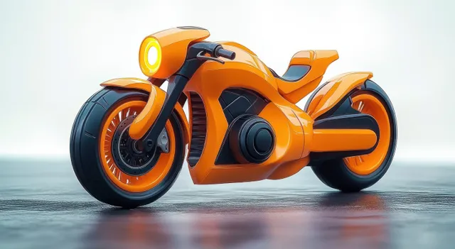 Bright orange futuristic sport motorcycle with glowing headlight parked on a reflective surface.