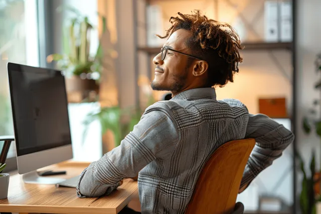 A man seated at a home office computer clutching his lower back in visible discomfort.