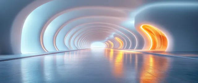 Futuristic glowing corridor with neon arcs, reflective floor, and abstract light trails