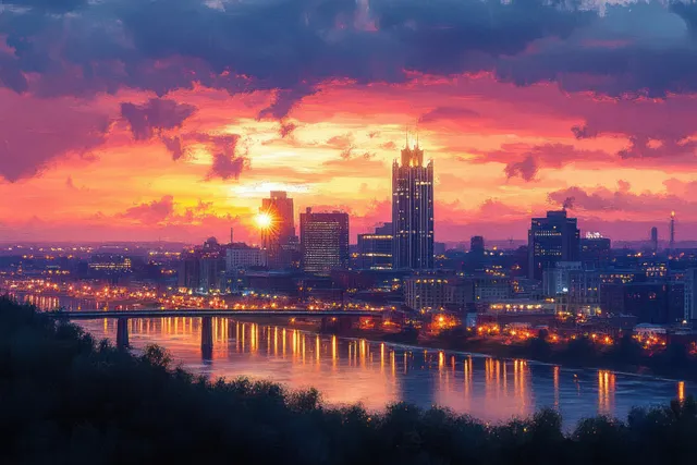 Downtown Peoria skyline glows at sunset over Illinois River, with bridge lights reflecting