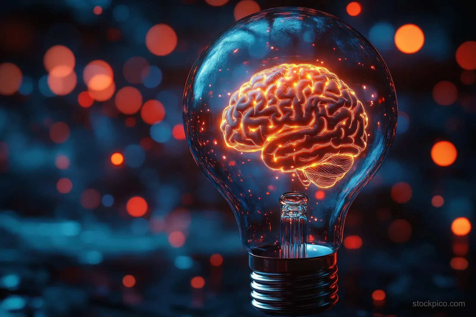 A glowing orange brain network sits inside a transparent light bulb with blue and orange bokeh lights in the background.