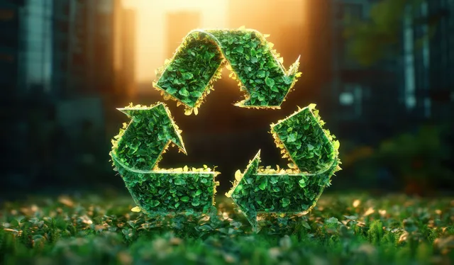 A leafy green recycling symbol glows under warm sunlight with a blurred cityscape background.