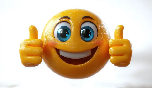 Glossy yellow emoji with sparkling blue eyes smiles and gives two thumbs up on a light background.