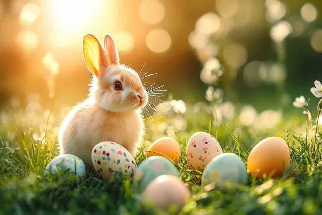 An Easter bunny kneels in a sunlit meadow with colorful painted eggs scattered around soft spring grass.