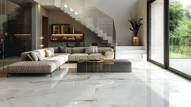 Sunlit modern living room with beige sectional sofa, white marble floor, wooden staircase, and large glass door.