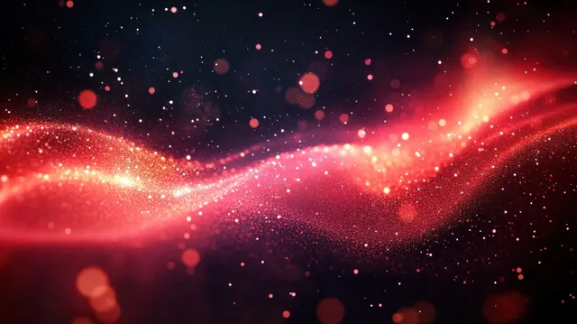 A red and pink glowing particle wave shimmers across a dark space scene with floating sparkles.