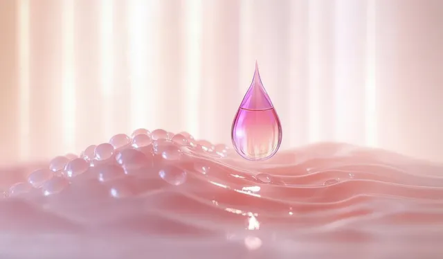 A glowing serum droplet sits above layered pink gel waves in a soft, minimalist 3D skincare concept.