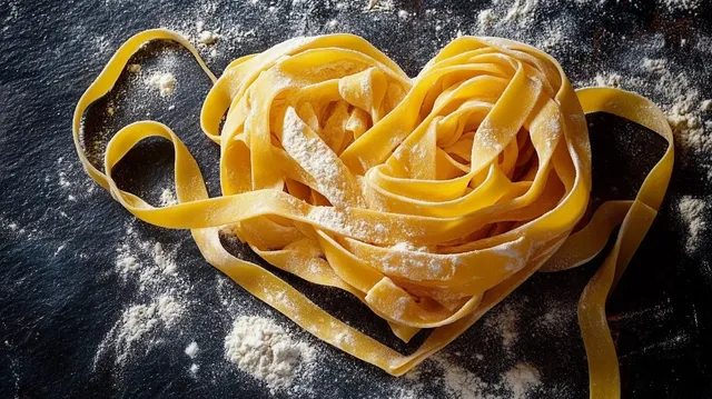 Heart-shaped nest of uncooked yellow pasta with flour dust on a dark slate surface