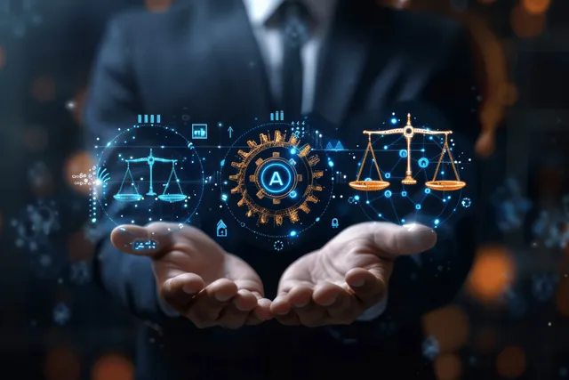Businessman holding AI circuit gear with justice scales over corporate governance interface