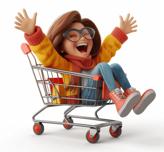 3D cartoon woman cheering while sitting in shopping cart on white studio background