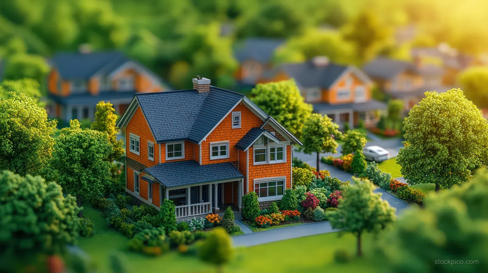 A red suburban house with a lush garden sits in a sunny neighborhood.