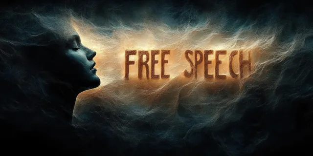 Silhouetted prisoner faces a glowing “FREE SPEECH” message behind barred darkness