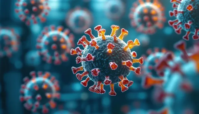 Colorful 3D virus particles with glowing spike proteins floating in a blurred microscopic blue background.