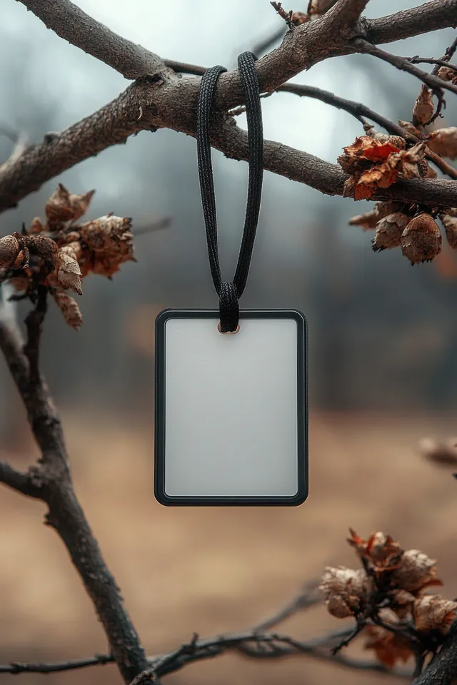 Blank ID card hanging from a black lanyard on dry branches with a softly blurred forest background.