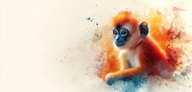 Watercolor illustration of a uakari monkey and other jungle animals in a charming, educational card style.