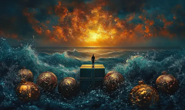 A solitary figure stands on a floating gift box while stormy ocean waves crash and glowing gold ornaments float around at sunset.
