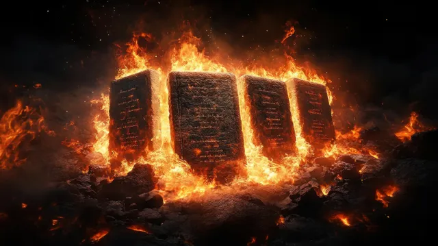 Ancient stone commandments tablets burning in dark flames with glowing symbols