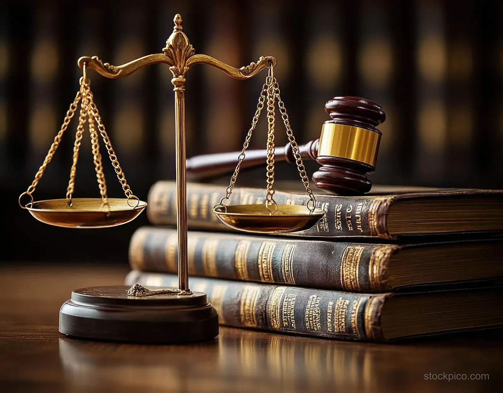 Golden balance scale beside stacked law books and a wooden gavel on a wooden table.