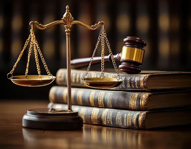 Golden balance scale on wooden table beside stacked law books and gavel