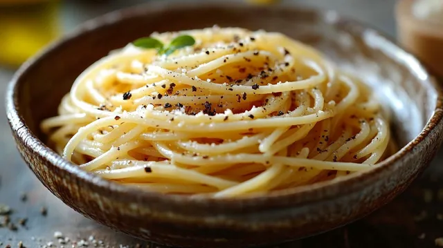 Close-up spaghetti pasta in rustic ceramic bowl with black pepper and green herb garnish