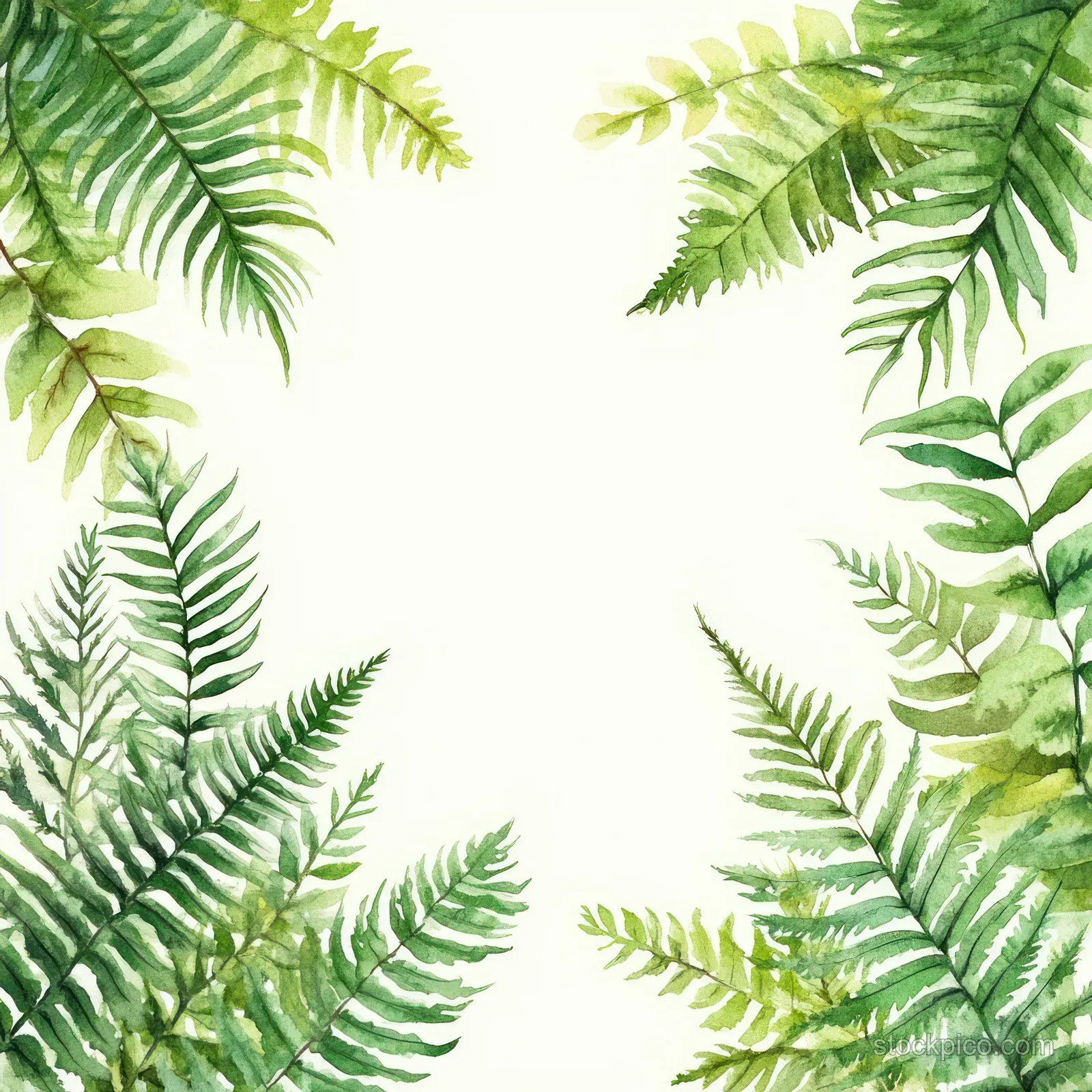 Green watercolor ferns and leaves frame an empty white center for wedding invitation or greeting card text.