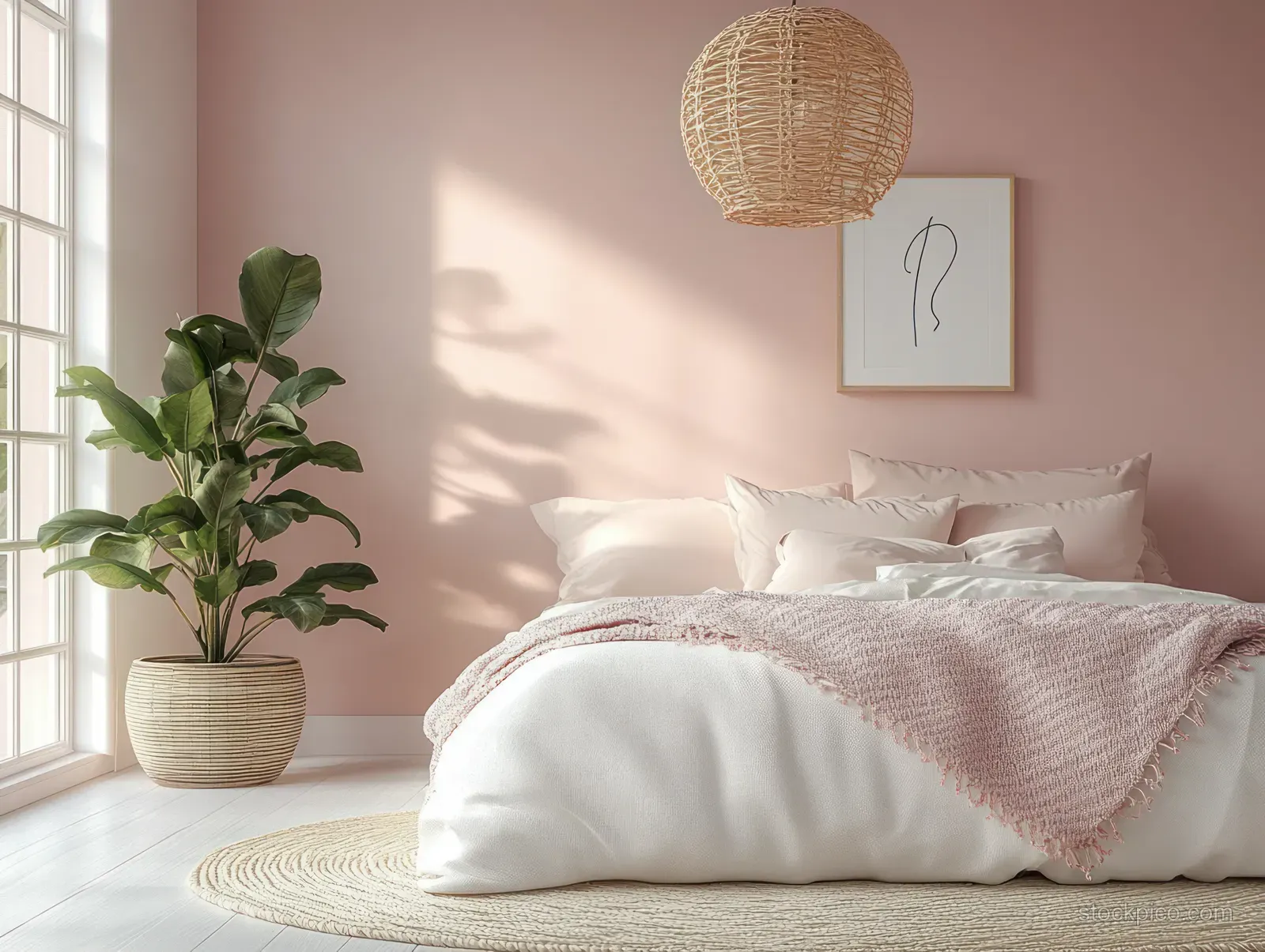 White bed with layered pillows and a pink textured blanket beside a wicker pendant light and a potted plant by the window.
