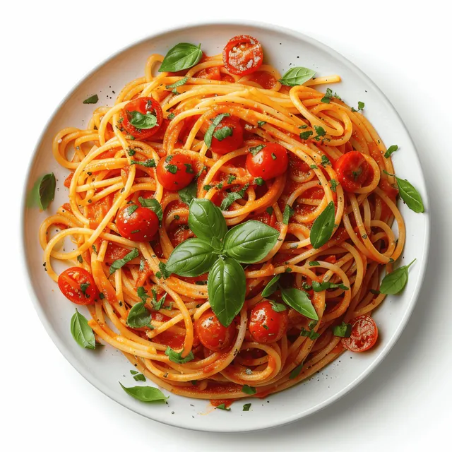 Overhead spaghetti with tomato basil sauce and cherry tomatoes on a white plate against a clean white background.
