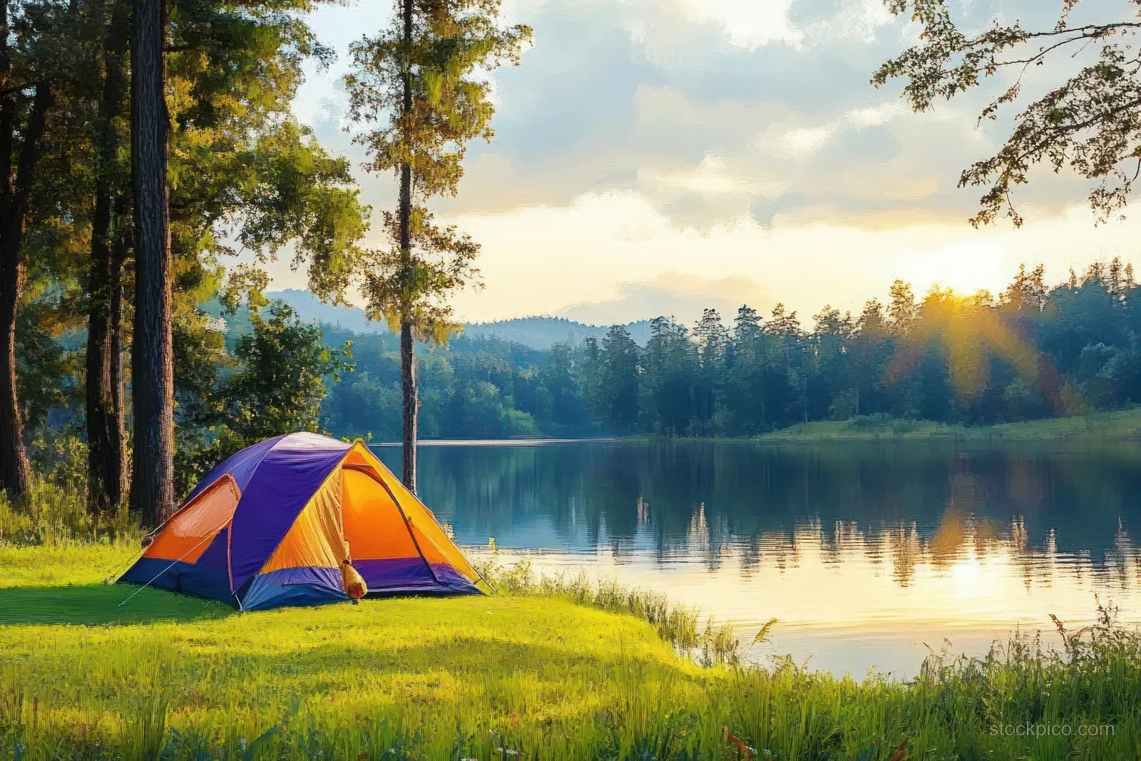 A colorful camping tent rests on green grass beside a calm lake while sunset light beams reflect on the water.