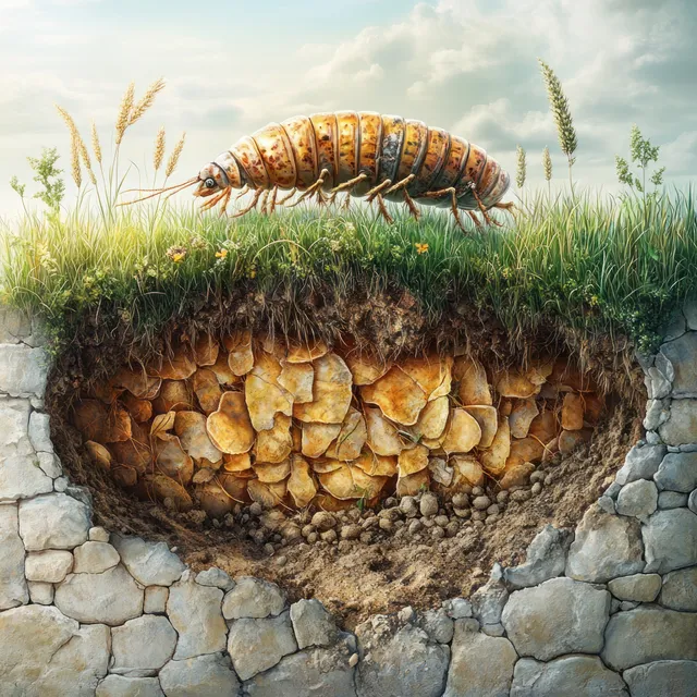 Grub larvae emerging from soil pit, showing grass damage and underground ecosystem