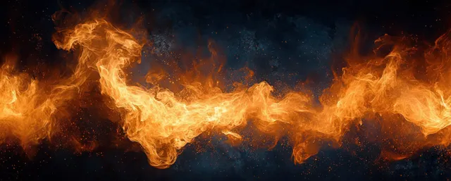 Abstract orange fire flames and glowing smoke billows against a dark night background