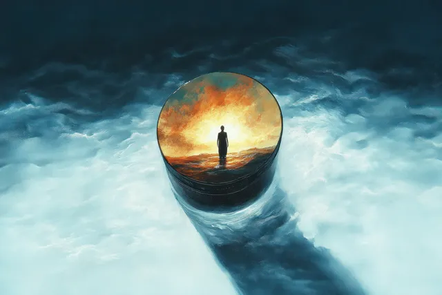 Silhouette standing in glowing circular portal above clouds with long shadow below
