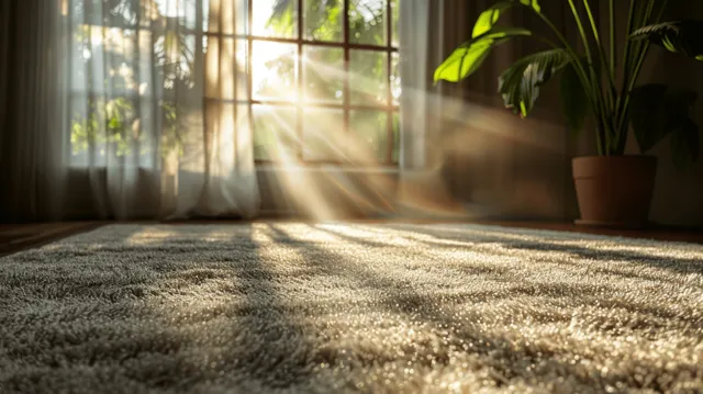 Cream carpet in an empty room with sunlit curtains and a potted plant casting soft shadows.