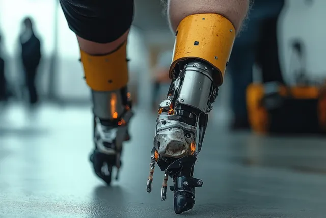 Close-up of a person walking with bone-integrated prosthetic legs in a modern clinic corridor.