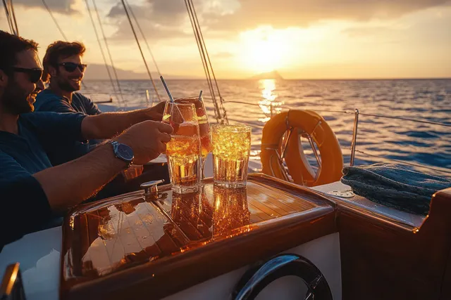 Two friends toast with beer glasses on a yacht deck at sunset with sails and ocean horizon behind them.