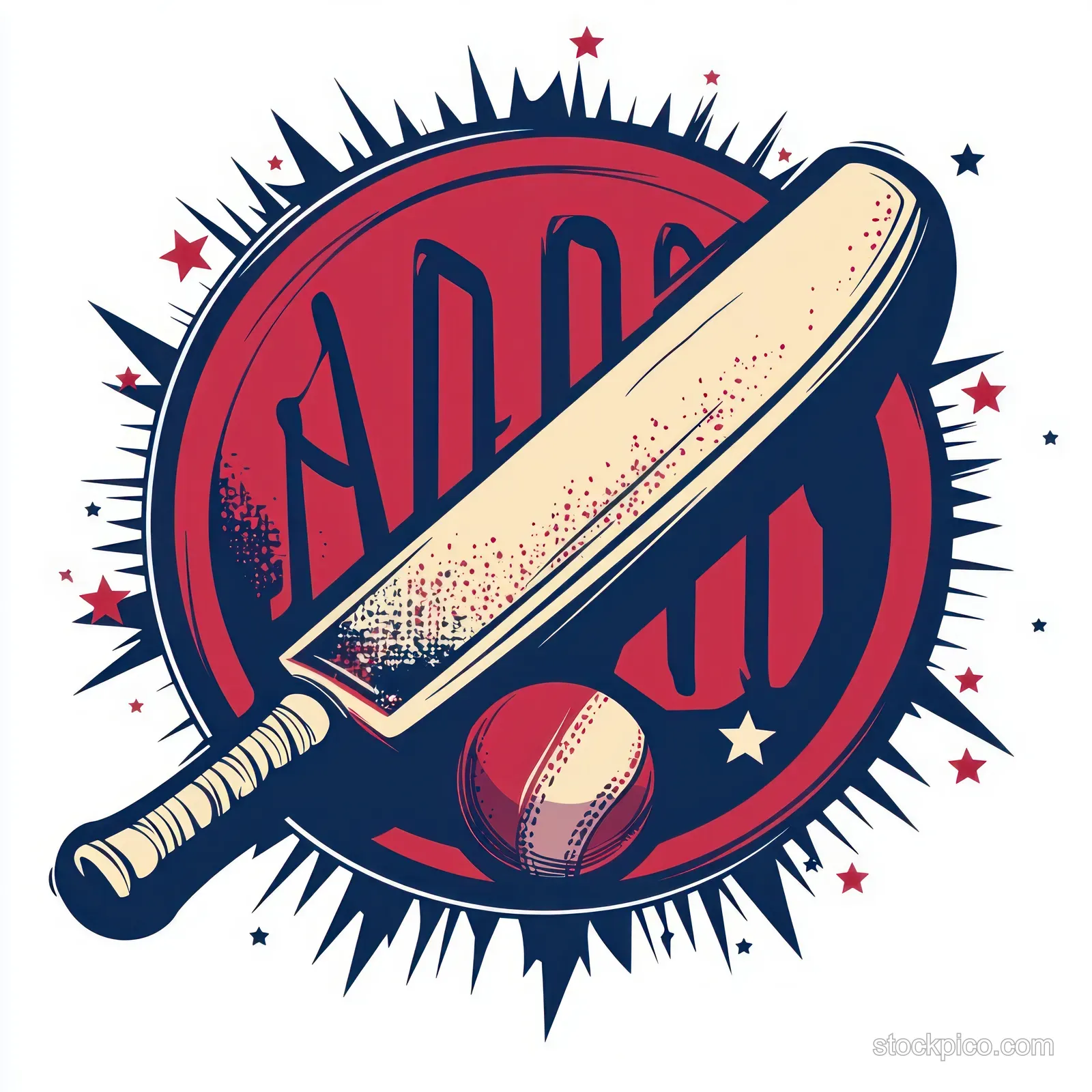Cricket bat and ball graphic centered on a red white blue circular starburst background.