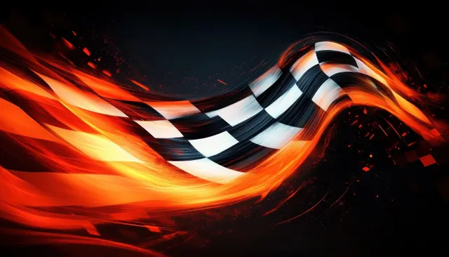 A burning checkered racing flag trails sparks and orange flames with motion blur over a dark background.