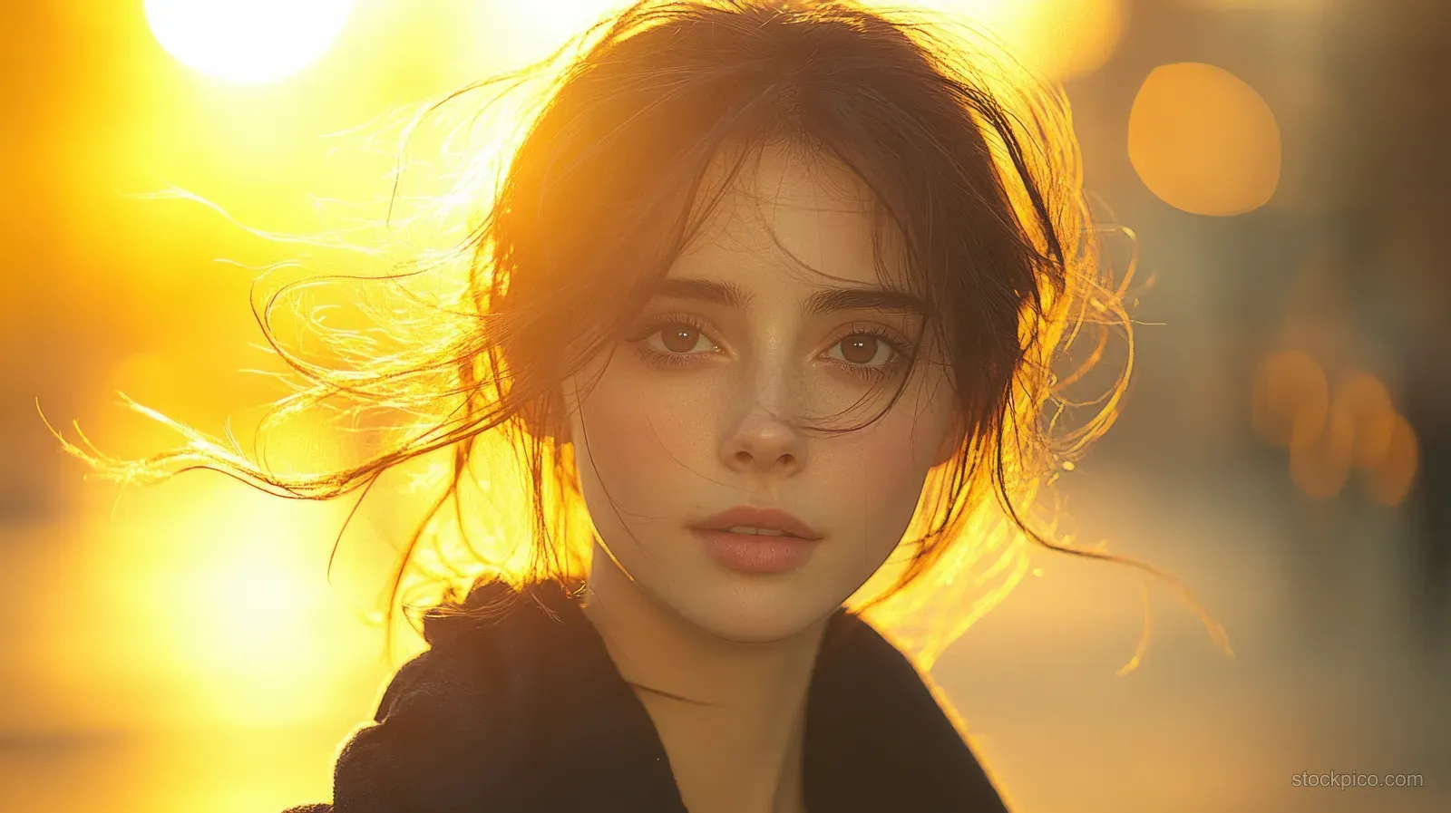 Young woman in winter uniform stands outdoors at golden sunset with warm backlit glow and soft bokeh behind.