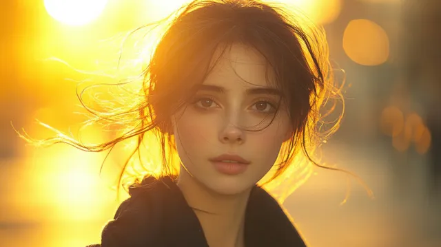 Young woman in winter uniform stands outdoors at golden sunset with warm backlit glow and soft bokeh behind.