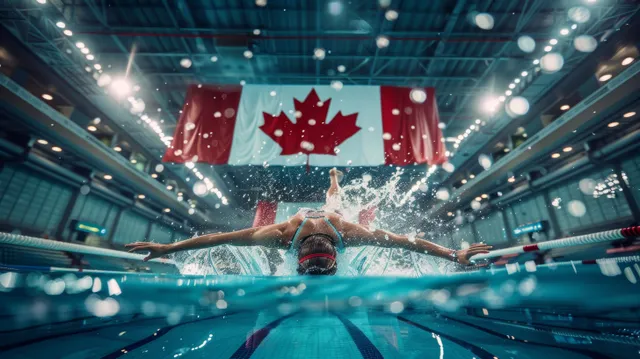 Canadian female swimmer powering through a 100m backstroke race, creating dramatic splashes in a vibrant aquatic center.