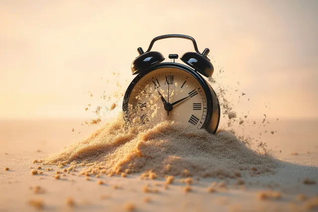 Black alarm clock surrounded by sand grains spilling across a dusty surface.