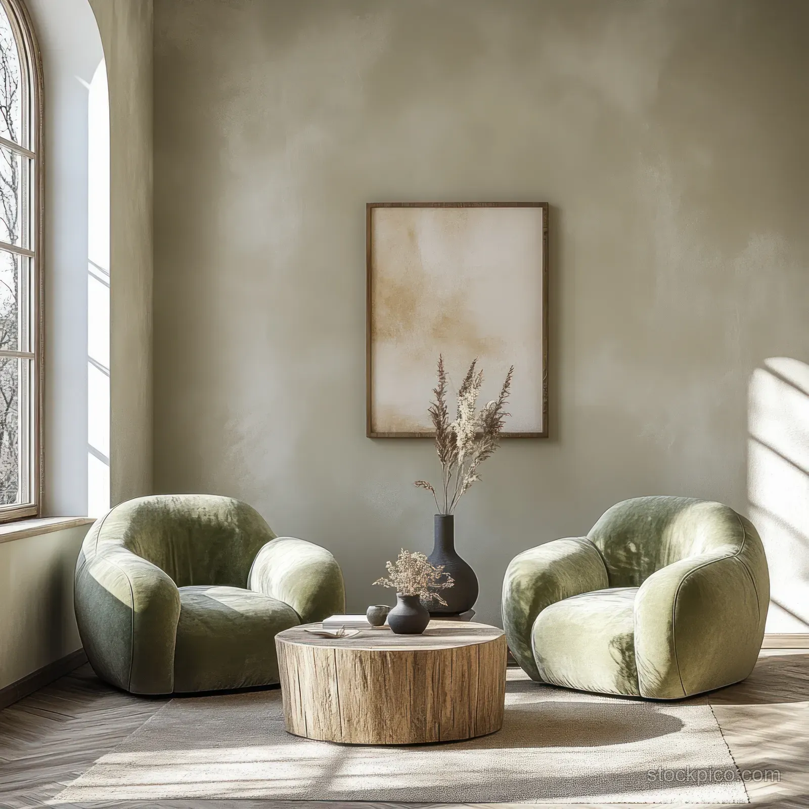 Two green armchairs sit beside a wooden coffee table with a vase of dried flowers in soft daylight.