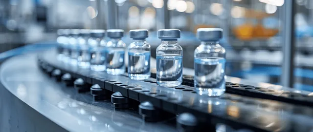 Clear vials on a stainless conveyor near an automated filling system in a pharmaceutical production room.