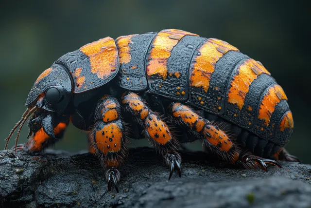Macro pill bug isopod with orange speckled armor crawling on a dark textured surface under dramatic lighting.