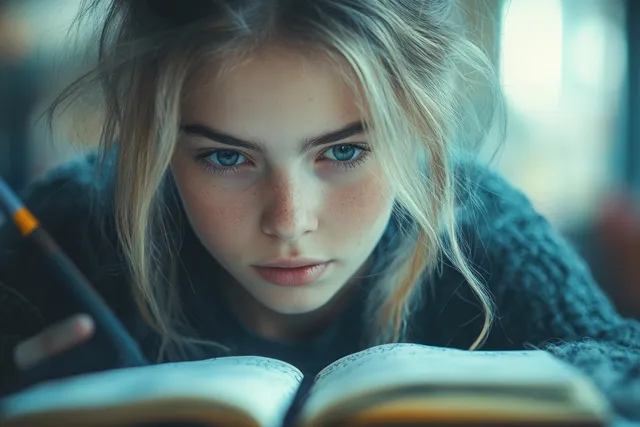 Focused student writing in open notebook at classroom desk with soft natural light