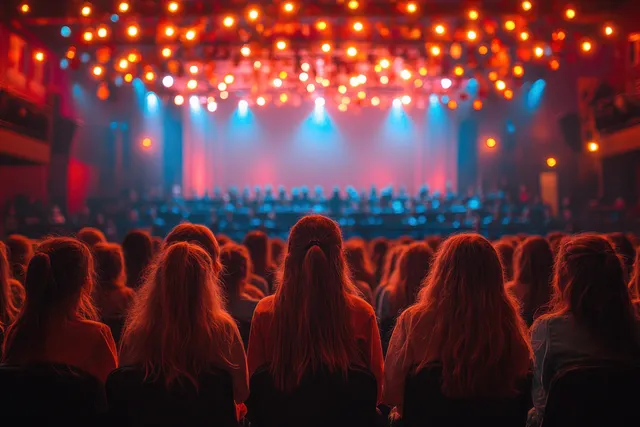 Children performing at a school concert on stage with colorful lights and decorations