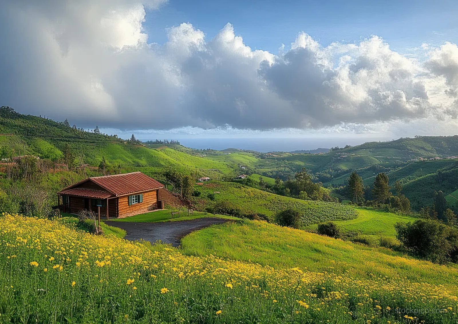 Aerial perspective shows a rustic wooden cabin on green hills with a distant ocean horizon under cloudy skies.