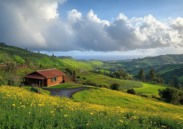 Aerial perspective shows a rustic wooden cabin on green hills with a distant ocean horizon under cloudy skies.