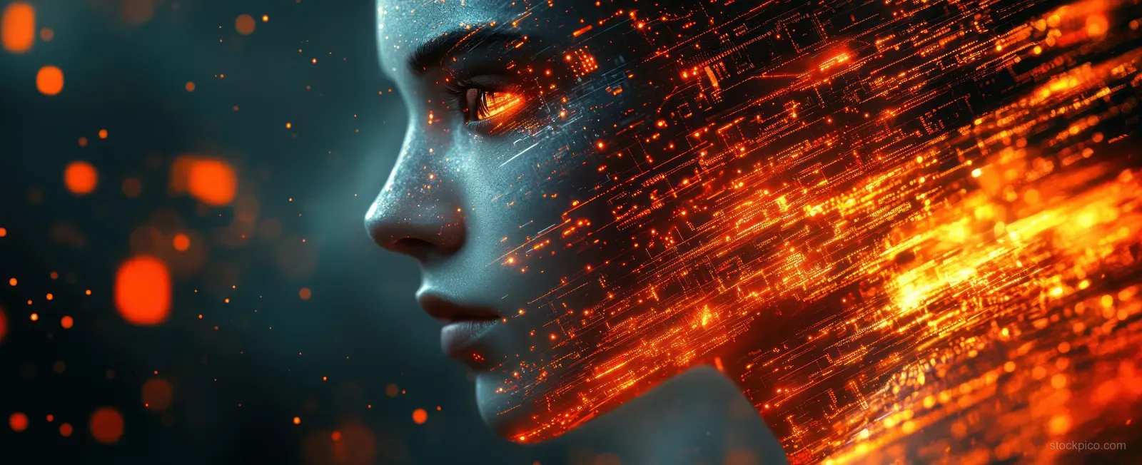 Futuristic AI Humanoid Robot Close-Up with Digital Data Streams