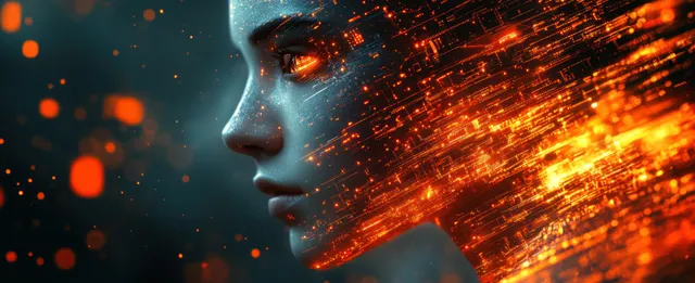 Futuristic AI Humanoid Robot Close-Up with Digital Data Streams