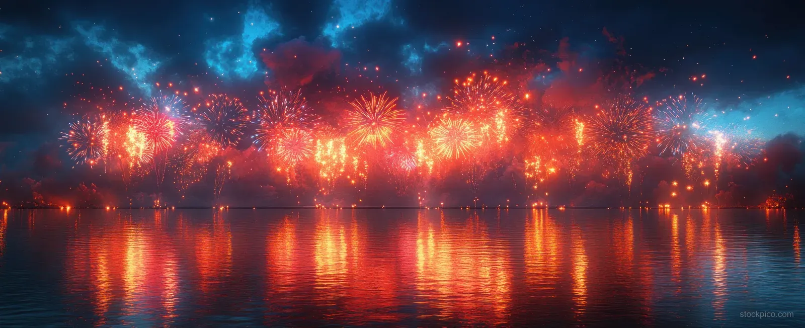 Fireworks burst across a dark night sky above a lake, with glowing reflections on the water.